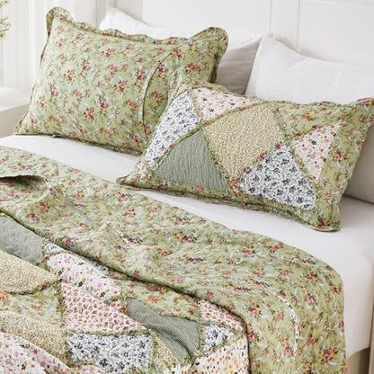 King Size Quilt Set Green Floral Patchwork Quilted Bedspreads Coverlet Set