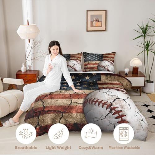 Erosebridal Baseball Comforter Set, Boys American Flag Bedding Set King Size Sports Games Down Comforter United States Federations Stars Stripes Quilt for Kids Teens Bedroom, Baseball Gift for Boys
