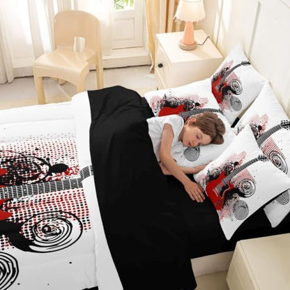 Erosebridal Guitar 7 Piece Bedding Set Queen Rock Music Comforter Set with Sheets Electric Guitar Bed in A Bag Black Spiral Grunge Style Bed Sets with 2 Pillowcases, 2 Throw Pillow Covers