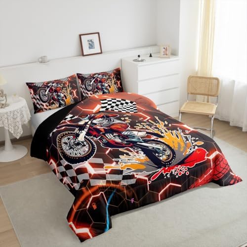Racing Bedding Set Orange Neon Lights Honeycomb Comforter Set Motorbike Dirt Bike Quilt Geometric Hexagon Moto Extreme Sports Full Size Duvet Insert,Black White Grid Lattice Buffalo Plaid Decor