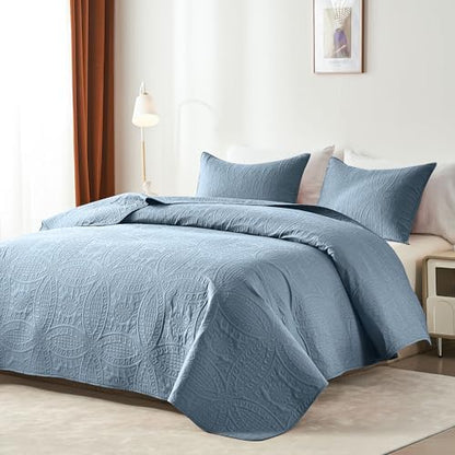 akkialla Dusty Blue Full/Queen Quilt Set,Ultrasonic Lightweight Bedspread Coverlet for Modern Minimalist Bedroom,Soft Microfiber Coin Pattern Bedding,3-Piece (1 Quilt,2 Pillow Shams)