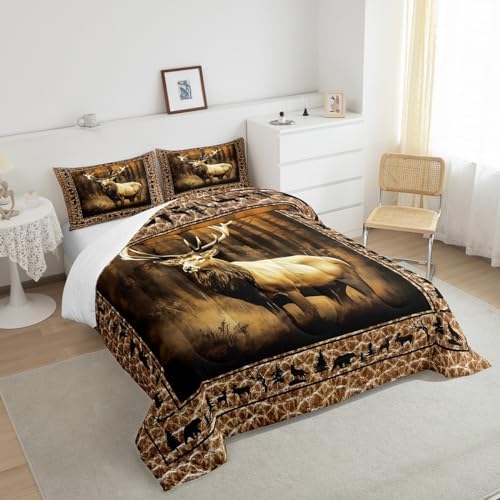 Manfei Deer Comforter Set King Size, Wild Animal Theme Bedding Set 3pcs for Kids Boys Teens Bedroom Decor, Black Elk Bear Wolf Trees Quilt Set Wildlife Hunting Duvet Set with 2 Pillowcases
