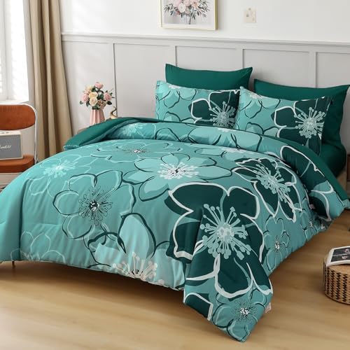 Anibedding 7Pieces Dark Green Floral Comforter Set Queen Size, Soft Microfiber Green Bed in a Bag Comforter Set with Sheets for All Season