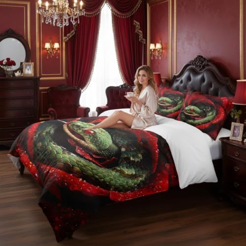CCoutueChen Snake Roses Comforter Set Queen Size, Romantic Soft Microfiber Bedding Set for Women, Red Green Gothic Bedroom Decor, 90"x90"