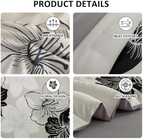 Black White King Size Comforter Set, 7 Pieces Light Grey Floral Bedding Set
