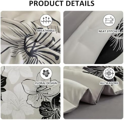 Black White King Size Comforter Set, 7 Pieces Light Grey Floral Bedding Set