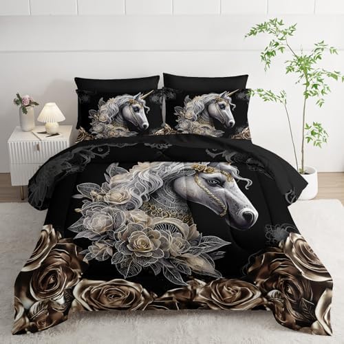 7 Piece Queen Size Horse Comforter Set with Sheets，Queen Horse Bedding Sets for Girls，(1 Comforter, 1 Flat Sheet, 1 Fitted Sheet, 2 Pillowcase and 2 Pillow Sham)