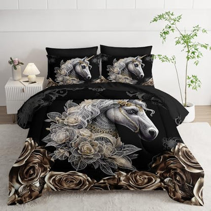 7 Piece Queen Size Horse Comforter Set with Sheets，Queen Horse Bedding Sets for Girls，(1 Comforter, 1 Flat Sheet, 1 Fitted Sheet, 2 Pillowcase and 2 Pillow Sham)