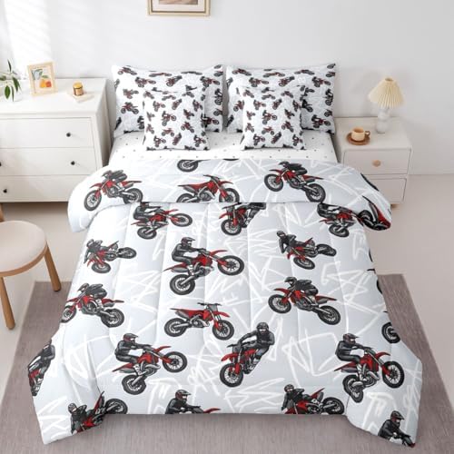 Feelyou Dirt Bike Comforter Set King 7 Pieces Graffiti Style Lines Bedding Set for Boys Girls Racing Motocross Rider Bed in a Bag Extreme Sports Room Decor Motorcycle Quilted Soft Lightweight