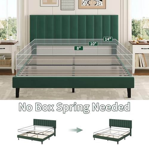 Garvee Queen Size Platform Bed Frame with Upholstered Headboard, Dark Green
