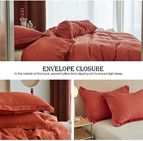 Simple&Opulence 100% Linen Duvet Cover Set 3pcs Basic Style Natural French Washed Flax Solid Color Soft Breathable Farmhouse Bedding with Button Closure - Brick Red, Queen