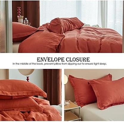Simple&Opulence 100% Linen Duvet Cover Set 3pcs Basic Style Natural French Washed Flax Solid Color Soft Breathable Farmhouse Bedding with Button Closure - Brick Red, Queen