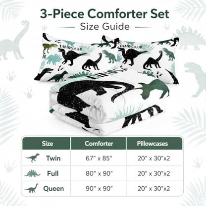 AILONEN Dinosaur Queen Kids Bedding Set, Black and Green Comforter Set with Roaring Dinosaur Print, 2 Pillowcases