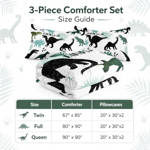 AILONEN Dinosaur Twin Kids Bedding Set,Black and Green Dinosaur Comforter Set All Season,Tropic Leaves and Roaring Dinosaur Silhouette Printed Soft Comforter with 2 Pillowcases for Boys