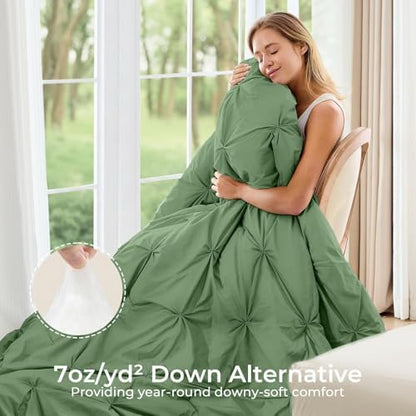 Sasttie King Size Comforter Set, 7-Piece Bed in a Bag, Pintuck Bedding Set for All Season, Includes Comforter, Flat Sheet, Fitted Sheet, Pillowcases and Pillowshams, Green