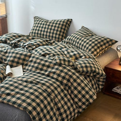 LifeTB Gingham Duvet Cover Twin Size, 3 Piece Vintage Green Beige Plaid Checkered Bedding Set, Breathable 100% Washed Cotton Grid Comforter Cover, Farmhouse Buffalo Plaid Duvet Cover with Zipper