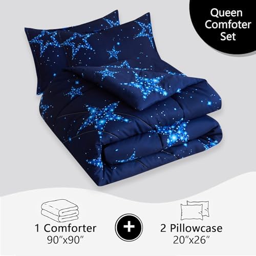 Caressma Blue Comforter Set Star Queen Size 3pcs with Pillowcases