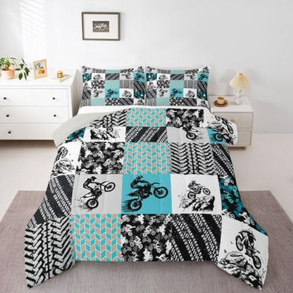 Feelyou Dirt Bike Comforter Set Toddler Size Motocross Bedding Set for Kids Boys Girls Extreme Sports Duvet Quilt Grunge Rider Bedroom Decor Tire Track Microfiber 2 Pcs with 1 Pillow Cases