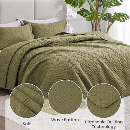 Love's cabin Quilts for Full Bed Olive Green Bedspreads Bedding Set - Lightweight Bedspread Comforter - Wave Pattern Bedding Coverlet for All Season - 3 Pieces (1 Quilt, 2 Pillow Shams)