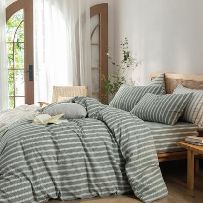 BESTOUCH Striped Cotton Duvet Cover Set Linen Feel Twin