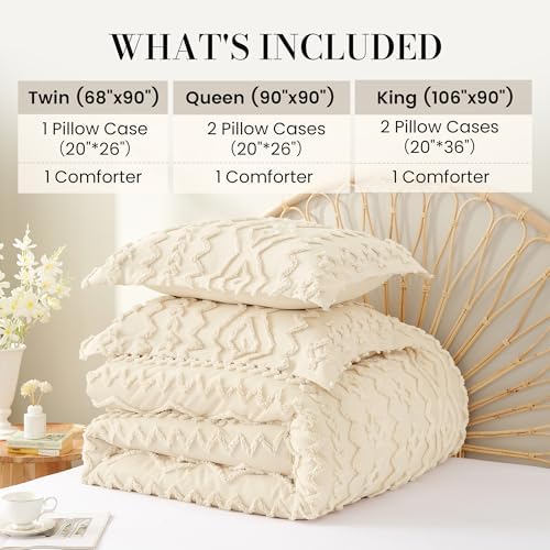 Amélie Home Tufted Boho Comforter Set Twin Size, 2 Pieces Soft Textured Bed Set, Lightweight Breathable Comforter for All Seasons, Farmhouse Shabby Chic Jacquard Bedding, Cozy Gift for Women, Beige