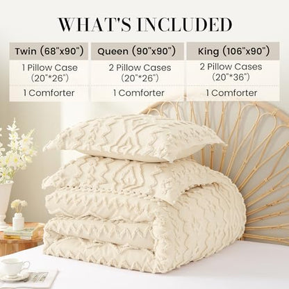 Amélie Home Tufted Boho Comforter Set Twin Size, 2 Pieces Soft Textured Bed Set, Lightweight Breathable Comforter for All Seasons, Farmhouse Shabby Chic Jacquard Bedding, Cozy Gift for Women, Beige