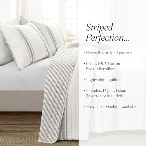 Lush Decor Farmhouse Stripe Reversible Cotton Quilt Twin XL Size, 2 Piece Set Gray - Farmhouse Bedding Set Twin XL - College Dorm Essentials