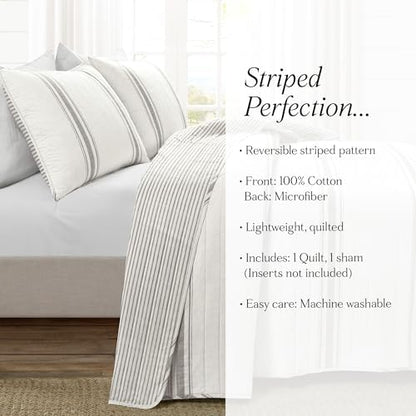 Lush Decor Farmhouse Stripe Reversible Cotton Quilt Twin XL Size, 2 Piece Set Gray - Farmhouse Bedding Set Twin XL - College Dorm Essentials