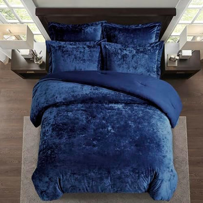 Fredsure Distressed Velvet Comforter Set, 5 Pieces Navy King, Distressed Velvet Face and Brushed Microfiber Reverse