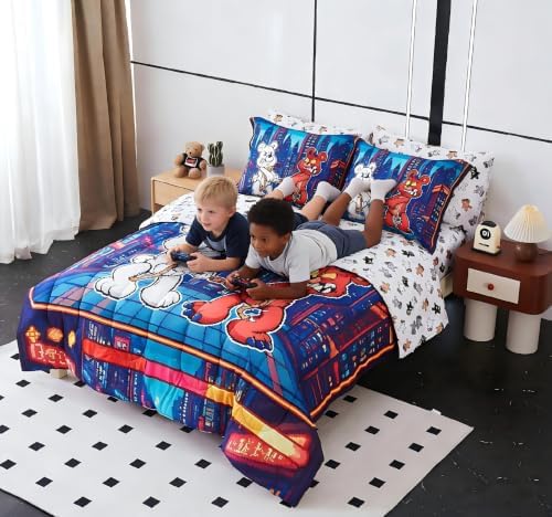 Viviland Twin Bedding Set for Boys 5 Piece Bed in a Bag with Comforter, Sheets, Pillowcases Soft Microfiber Kids Comforter Set, Oeko Certified, Machine Washable, Retro Arcade Game Theme