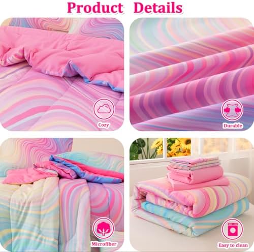 Girls Full Bedding Sets, 6 Pcs Pink Full Szie Comforter Set with Sheets, Tie Dye Superior Blue Pink Rainbow Bedding Set for Girls Kids