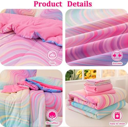 Girls Full Bedding Sets, 6 Pcs Pink Full Szie Comforter Set with Sheets, Tie Dye Superior Blue Pink Rainbow Bedding Set for Girls Kids