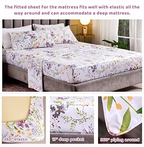 QSH 100% Egyptian Cotton Sheets Full Size Set, Yellow Flowers Plant Pattern Botanical Luxury Cotton Printed Bedding Floral Full Bed Sheets Extra Soft and Breathable 4pcs Deep Pockets Sheets