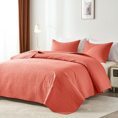 akkialla Coral Twin Quilt Set,Ultrasonic Lightweight Bedspread Coverlet for Modern Minimalist Bedroom,Soft Microfiber Coin Pattern Bedding,2-Piece (1 Quilt,1 Pillow Sham)