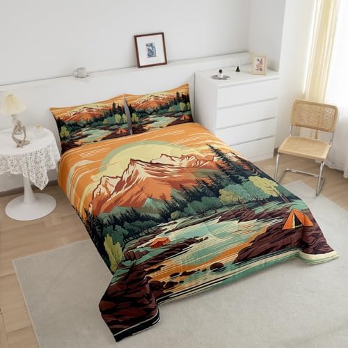 Mountain River Comforter Set King Size,Nature Scenery Tent Printed Bedding Set for Kids Boys Girls Room Decor,Retro Adventure Theme Duvet Insert 3Pcs,Camping Style Luxury Quilt Set,2 Pillowcases