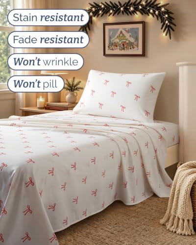 Christmas Sheet Set, Dainty Red Bows, Holiday Xmas Bedding Set - Twin Size