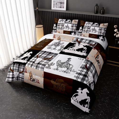 Nttopship Western Cowboy Kids Comforter Set Full Size,Western Animal Cow Skull Soft Comforter Set American Wild West Desert Hand Drawn Illustration Down Comforter Country Theme Bedroom Decor
