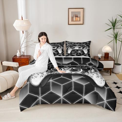 Grey Gamer Comforter Sets for Boys Gamer Gifts,Neon Geometric Boys Comforter Set Full Size,3D Geometric Full Size Bedding for Flame Gaming Consoles Room Decor