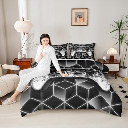 Grey Gamer Comforter Sets for Boys Gamer Gifts,Neon Geometric Boys Comforter Set Full Size,3D Geometric Full Size Bedding for Flame Gaming Consoles Room Decor