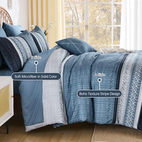 Navy Blue Queen Comforter Size Set, 8 Pieces Striped Texture Bed in a Bag Bedding Sets, Lightweight Soft Comforter and Sheet Set, All Season Microfiber Teen Boys Bedding Sets for Men Women