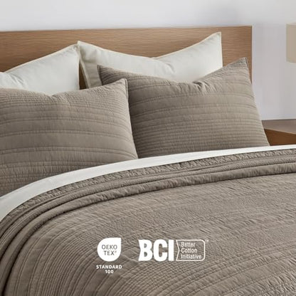 EVERGRACEHOME 100% Cotton Modern Lines Quilt Set King Size, Stone Taupe