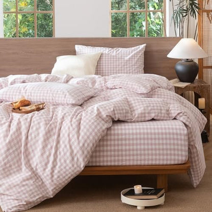 MooMee Gingham Duvet Cover Set 100% Washed Cotton Linen Like