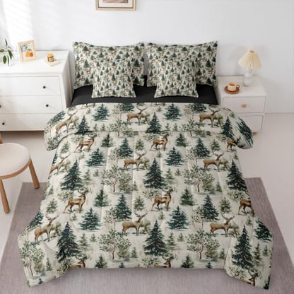 Erosebridal 7 Piece Rustic Deer Twin Comforter Set with Sheets Country Wild Animals Bed in A Bag Forest Pine Tree Wildlife Bedding Sets for Women Men Vintage Woodland Plants Leaves Bed Set
