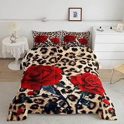 Rose Flower Comforter Set for Teens Adult Women Wedding Gift, Leopard Print Bedding Set Full Size, Valentine's Day Cheetah Duvet Sets Leopard Animal Skin Down Comforter for Bedroom Decor, Brown