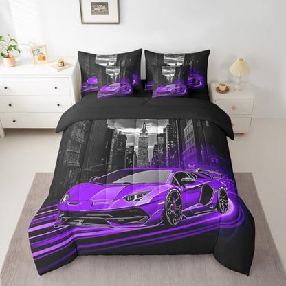 Feelyou Purple Race Car Comforter Set with Sheets Queen Size Kids Speed Sports Car 7 Pieces Bedding Set Boys Girls Teens Racing Car Bed in a Bag Extreme Sports Street Bed Set Gothic Modern City