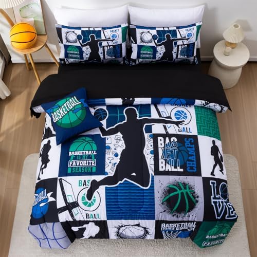 Aimuan Basketball Bedding Set for Boys Kids Teens, Soft Green and Blue Sports Geometric Grid Patchwork Theme Basketball Bedding Sets Full Size, Blue-Green