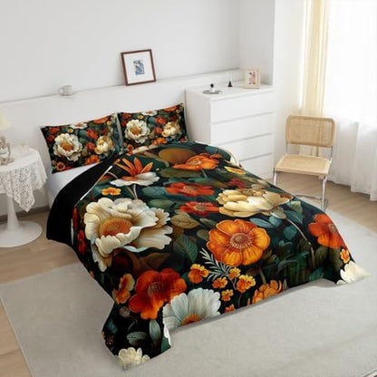jejeloiu Boho Floral Comforter Set Toddler Size Kids Bohemian Flower Bedding Set Boys Girls Teens Botanical Duvet Breathable Blossom Plant Aesthetic Quilt Bedroom Decor,1 Comforter with 1 Pillowcase