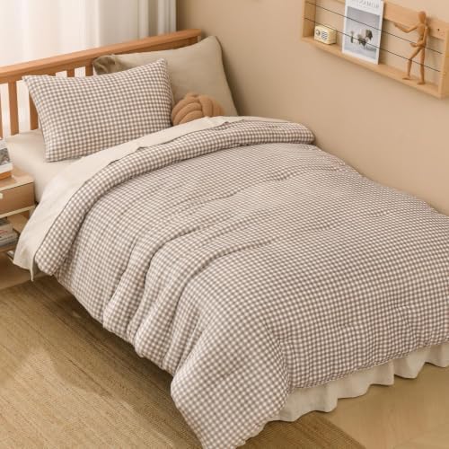 Litanika Velvet Flannel Gingham Comforter Set Twin, 3 Pcs Tan Blanket