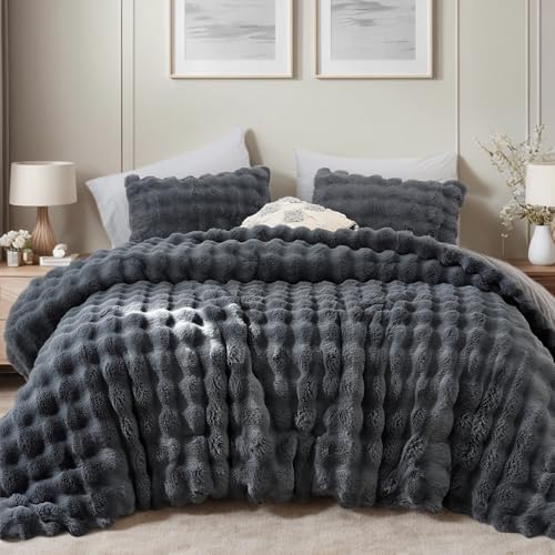 YIKUSH Queen Faux Fur Comforter Set, Fluffy Dark Gray Rabbit Fur Comforter