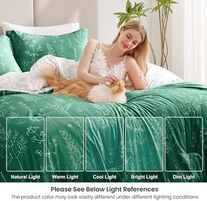 Love's cabin Emerald Comforter Set King - King Size Comforter Set, 3 Pieces Cute Floral Bedding Sets for All Seasons,1 Soft Reversible Botanical Flowers Comforter and 2 Pillow Shams